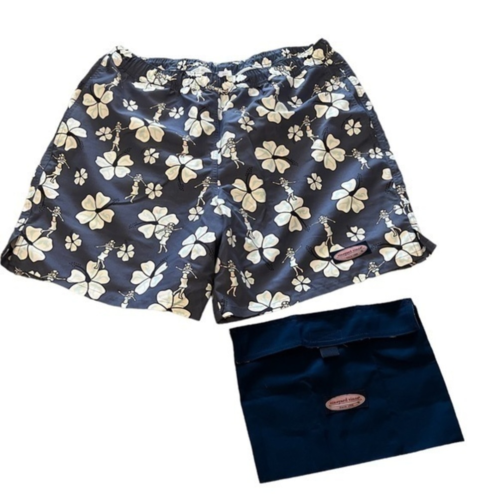 NWOT Vineyard Vines blue Hawaii Hulu floral swim trunks w/ storage pouch